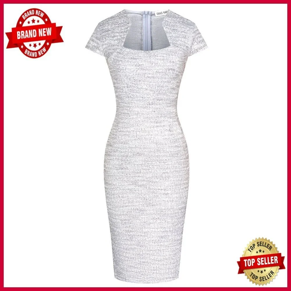 Tweed Pencil Dress Cap Sleeve Bodycon Slim Fit Elegant Work Cocktail
